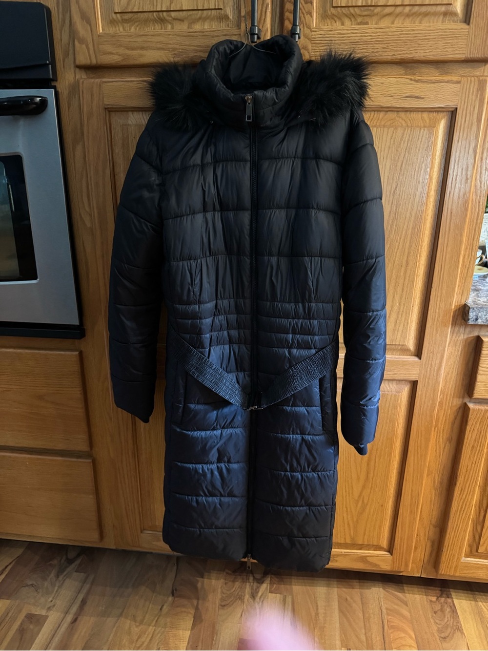 attention Black Long Quilted Puffer Coat with Faux Fur Trim